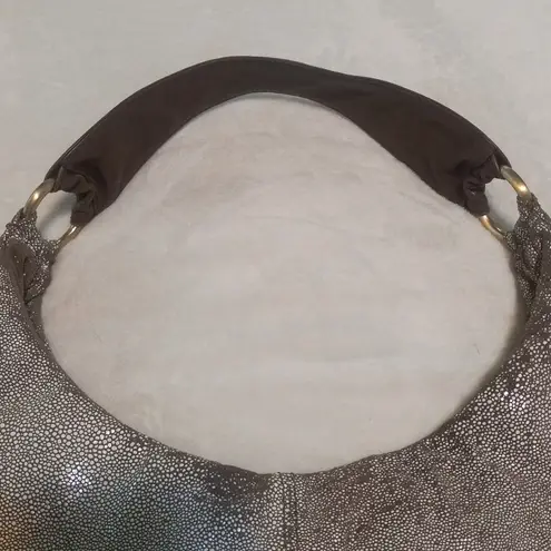 Hobo International Brown & Cream Stingray Print Glazed Leather Shoulder Handbag