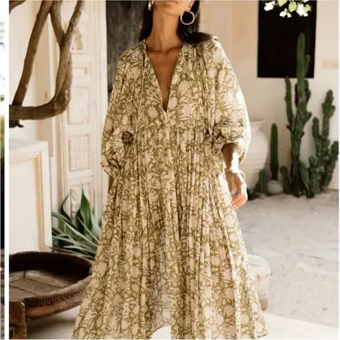 Daughters of India Kyra Midi Boho Maxi Dress Floral Print V Neck Tiered Green Size L