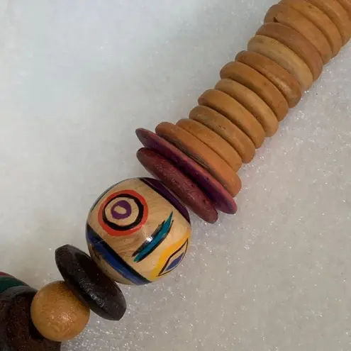 Vintage Necklace Hand Painted Wooden Discs Multicolored Tribal Art To Wear Tan