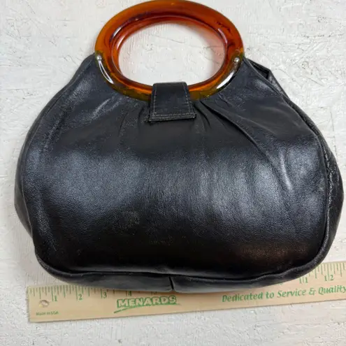 Vintage Black Leather Handbag with Tortoise Shell Handle Small Shoulder Bag