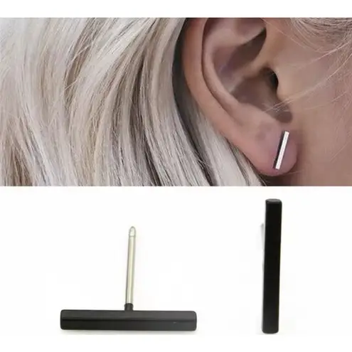 Boutique NEW Unisex Black Bar Staple Stud Earrings, 1.2cm