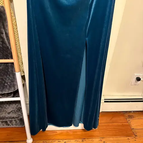 After Six OFF-THE-SHOULDER FLOUNCE SLEEVE VELVET MAXI DRESS IN DUTCH BLUE NEW