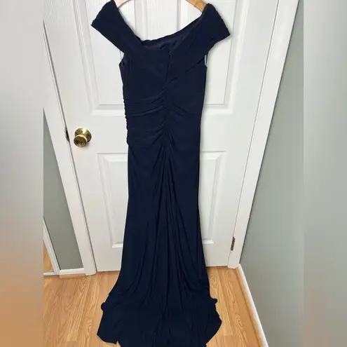 Mac Duggal Womens 26517 Navy Ruched Foldover Off The Shoulder Thigh Slit Gown 6