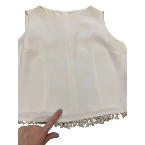 Vintage 80s 90s White Silk? High Neck Top Beaded Open Weave Hem Women Medium