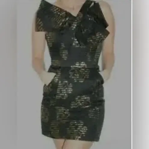 Milly of New York Black Gold Metallic Textured One Shoulder Bow Mini Dre… Size 2