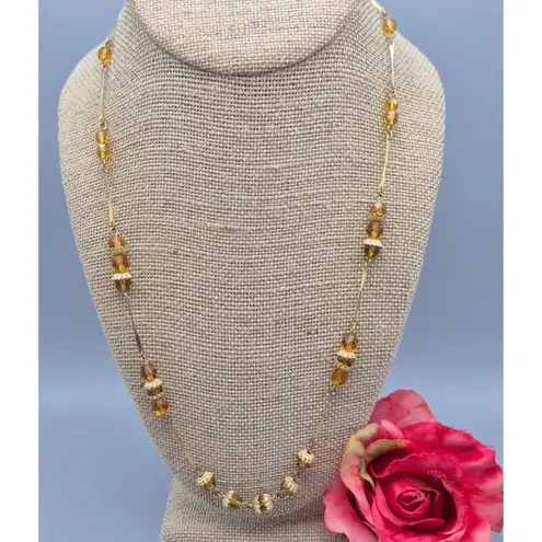 Vintage ACT II Gold Tone & Amber Color Bead Bar Link Collar Necklace 22" Dainty