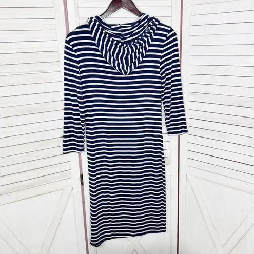 Heart & Hips Striped Nautical Hoodie T Shirt Midi Dress Blue White Medium