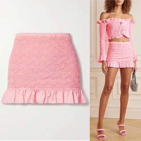 Alexander Wang Pink Ruffled Seersucker Off-Shoulder Crop Top and Mini Skirt Set