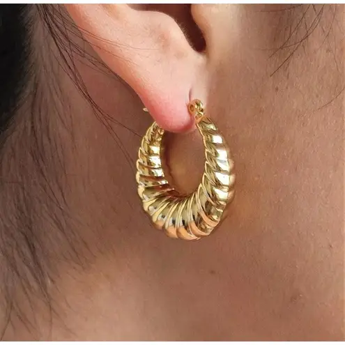 Gold Plated Twisted Creole Chunky Hoop Earrings Stainless Steel Womens Jewelry