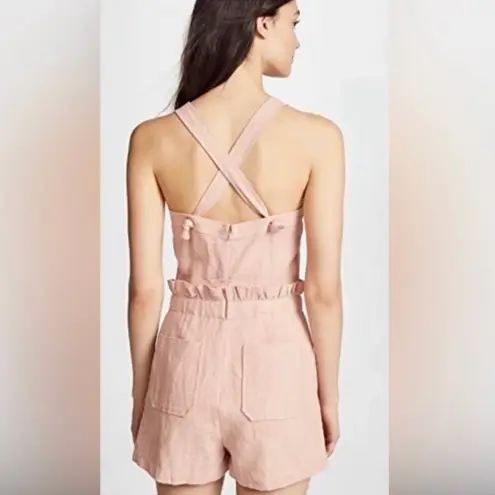 Saylor 100% Linen Romper SMALL Pink Square Neck Ruffle Tie Waist Feminine Woven