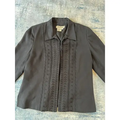 Vintage Blue Ice Black Faux Micro Suede Embroidered Open Front Blazer Size 8 Black