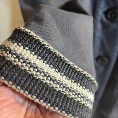 prAna Grey Coat with Striped Collar, stripe details at collar and cuffs, longer