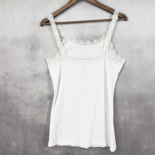 Y2K Lace Trim Womens Tank Top Medium Ribbed Stretch Coquette Preppy Retro Soft White