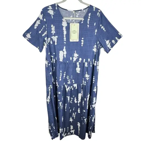 Yesno NWT Blue White Tie Dye Short Sleeve Light Flowy Tiered Maxi Dress Sz L