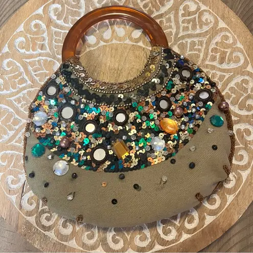 Vintage olive green beaded crescent moon bag