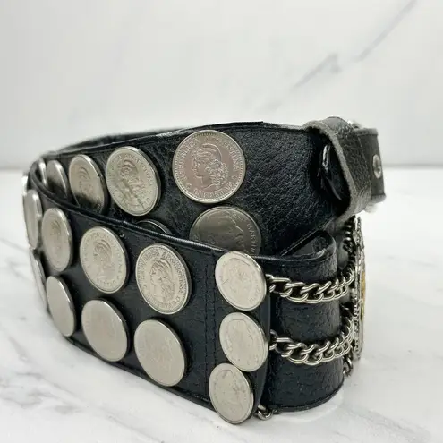 Vintage Argentina Coin Studded Leather Chain Belt Gaucho Western Small (S) ✨ Black