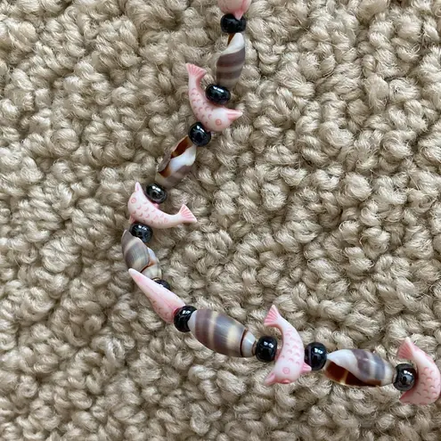 Pink Dolphin Seashell Necklace Beaded Necklace Spin Closure Beach Boho EUC