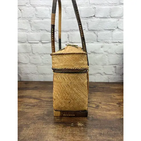 Vintage Straw Handmade Bag Summer Beach Weave With Lid Chinese Accents
