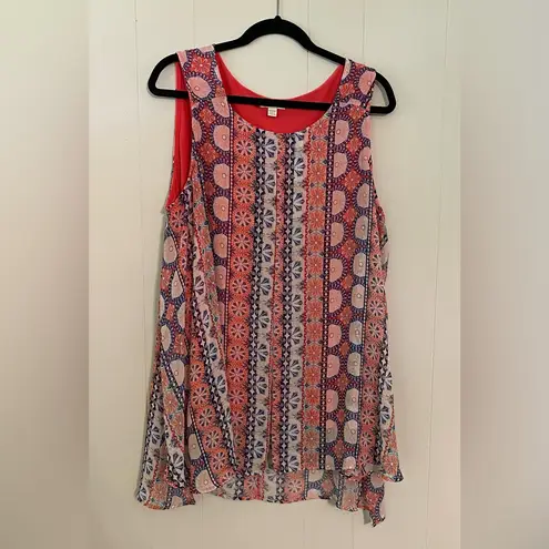 C Est 1946 Flouncy Breezy Pattern Tank Round Neck Slit Front & Side Size 18/20W Blue