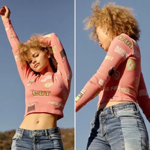 Daydreamer Pink Green Radio Stereo Amplified Thermal Long Sleeve Crop Top Sz XS