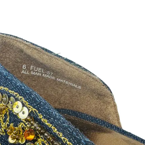 Anne Michelle FUEL57 Embroidered Denim Gold Beaded Heels Womens 6 Vtg Glam Pumps