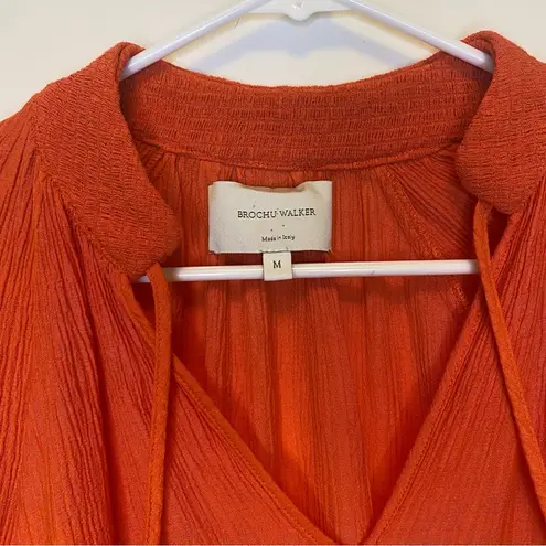 Brochu Walker Amaia Tie-Neck Crinkle Blouse in Papaya Orange Sz Medium