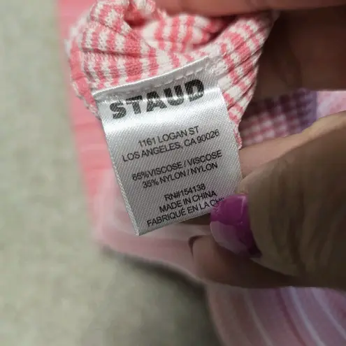 STAUD NWT Dana Dress Sz XL Pink White Ombre Striped Ribbed Knit Midi Stretch