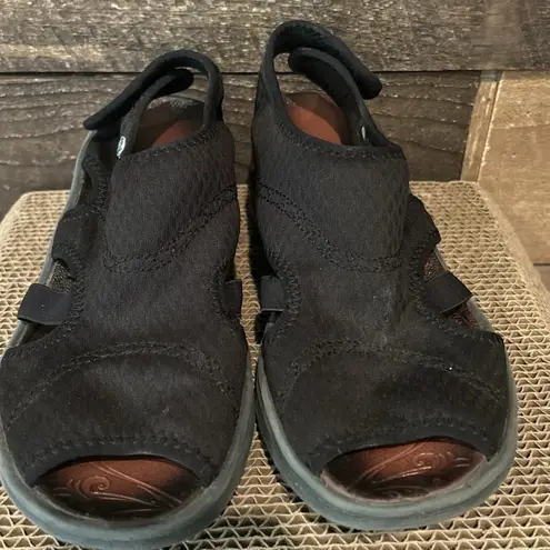 Bzees Sandals Womens 7.5 M Dream Slingback Black Fabric Peep Toe Wedge Heels