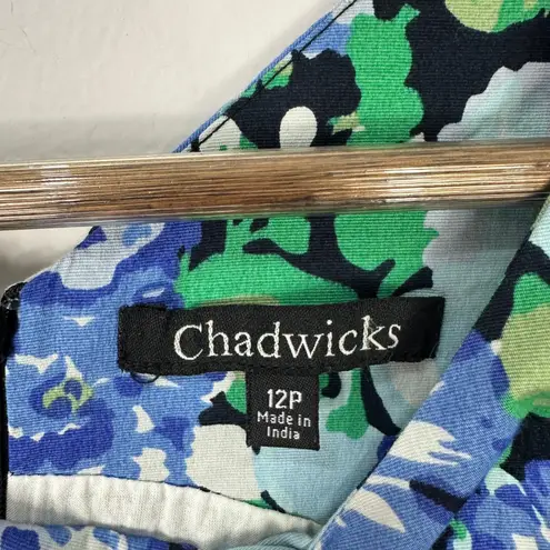 Chadwick's Dress 12P Blue Green Floral Fit Flare Cotton Pockets Cottage Retro Mod