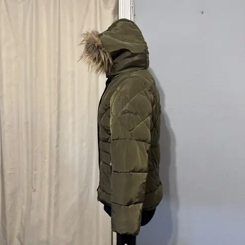 Weatherproof Olive Green Quilted Puffer Jacket Faux Fur Trim Hood Women's Sz L