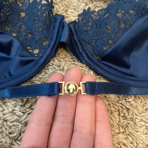 Roma  Confidential Navy Blue Satin & Lace Bra with Gold Accent—Size Large