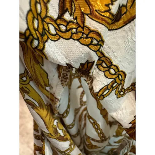 Vintage Satin Equestrian Chain Print Blouse Heritage Preppy Baroque Top Large Gold