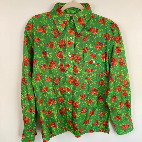 Vintage SKYR Womens L FLAW Green Orange Floral Disco Button Down Shirt Retro Size L