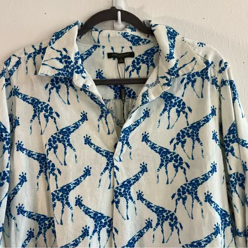 For Cynthia Tunic White w/ Blue Giraffes Linen Blend 3/4 Sleeves Sz 1X EUC