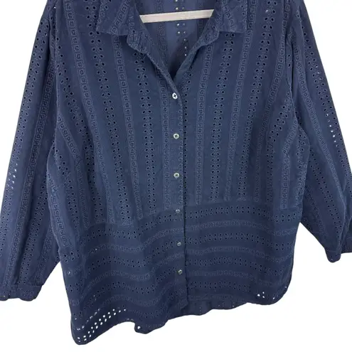 J. Jill Corduroy 100% Cotton Navy Eyelet Button Up Collared Corduroy Shirt 2X Blue - Image 3