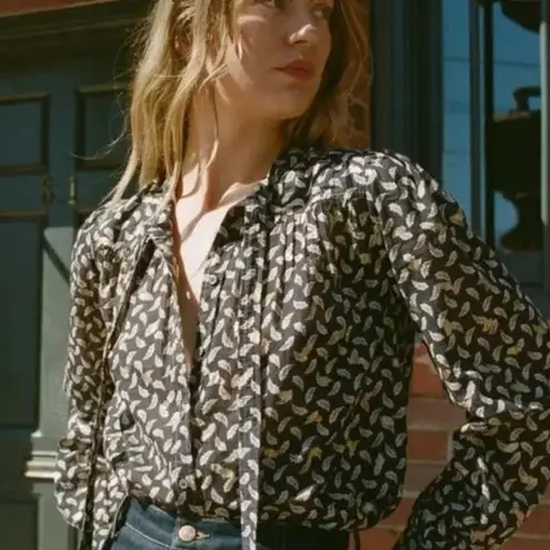NWT Doen DÔEN Norma Leaf Print Tie Cotton Poplin Blouse Top Black Gold XS