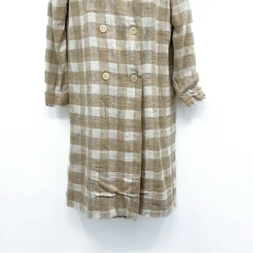 Vintage Tweed Double Breasted Plaid Gingham Jacket Coat Peacoat Trench Long Tan Size M