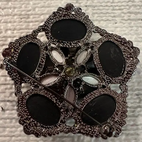 Vintage Flower Faceted Rhinestone Brooch Blue Black Amber Gold Silver Tones