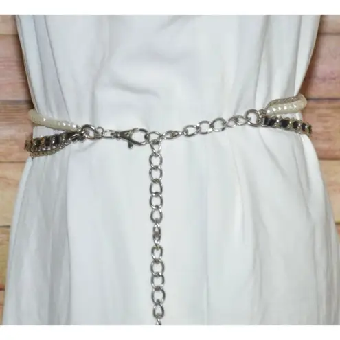 None Great Multi Chain & Faux Pearl Silver Tone Adjustable Belt Faux Leather 37-50 in
