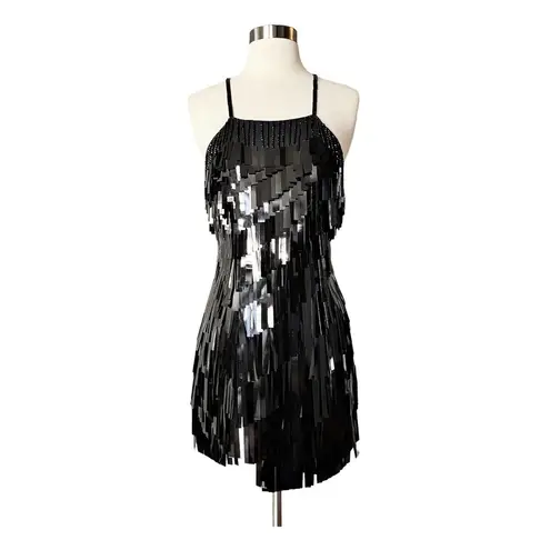 THE ATTICO Sequin Fringe Mini Dress Black Cocktail Designer Italy LBD IT 38 US 2