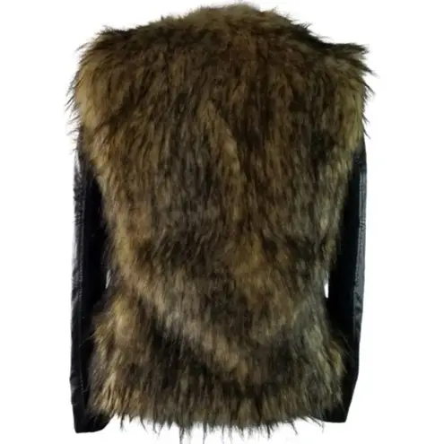Bardot Womens Faux Fur Leather Long Sleeves Jacket Coat Black Tan Size 6