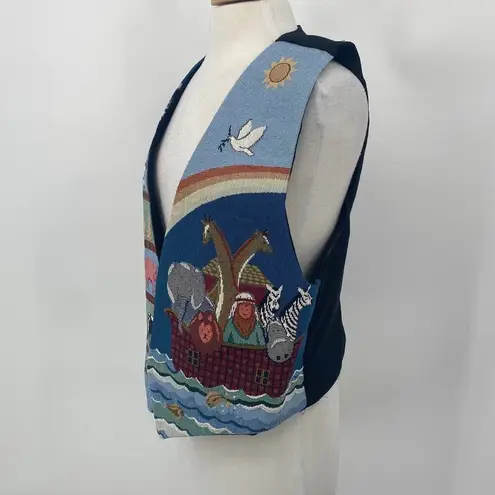 Vintage Noahs Ark Needlepoint Embroidered Animals Vest Open Front Blue Womens L Size L