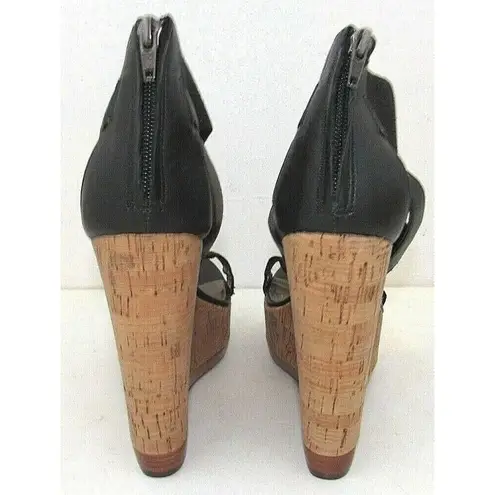 Moda PELLE 5" Black Leather Cork Wedges Zipper Heels Stretch Ankle Straps 10 M