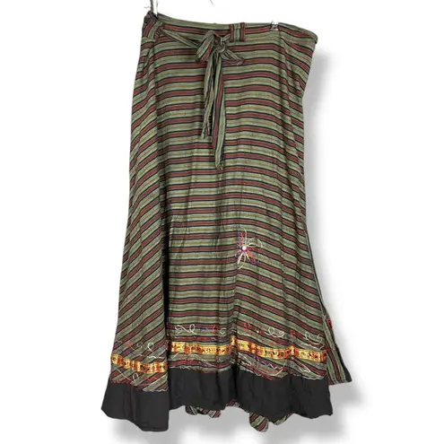 Striped Wrap Skirt Floral Embroidery Boho Flowers Ribbon Tie Waist Green Red Size undefined