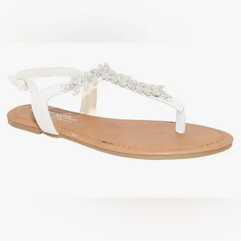 Trendsup Collection Silver and White T-Strap Buckle Flats Sandals with Tan base Women’s Size 5.5