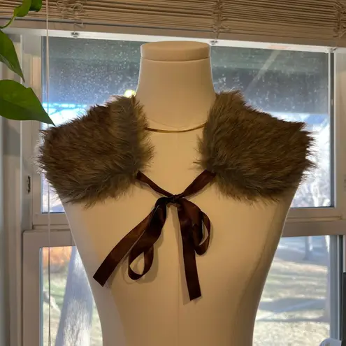Brown Man Made Fur Collar Brown Silky Ribbon Bow Tie Collar Scarf Warm