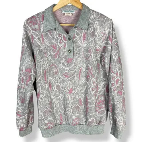 Vintage Paisley Sweatshirt Polo Women Gray Metallic Pink Long Sleeve Medium Top