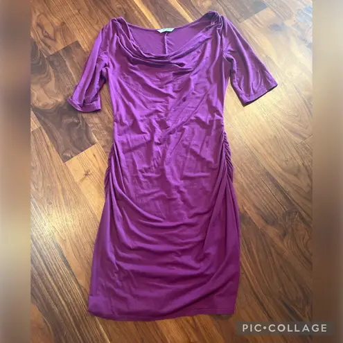 Three Dots Purple Cowl Neck draped ruched dress