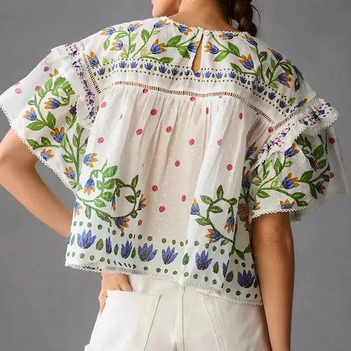 Farm Rio Summer Garden Blouse White & Multi-Colored Floral | M