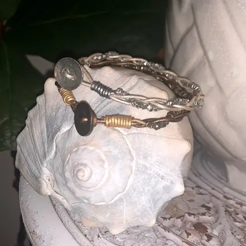 Set of 2 Metallic Braided Beaded Button Bracelets Silver